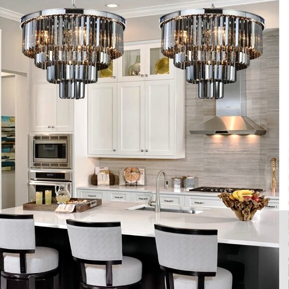 Luxe Chrome Smoke Crystal Modern Contemporary Chandelier Pendant Ceiling Light - Picture 1 of 11